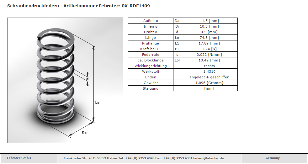 Abbildung 3: Datenblatt RDF1409 (Quelle: Febrotec Schraubendruckfeder RDF1409)