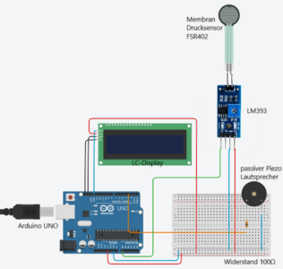 Abb. 08: Verdrahtungsplan Sensorauswertung FSR402 mit passivem Lautsprecher und LCD Display