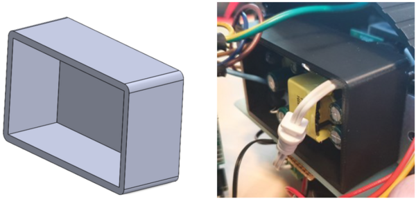 Abbildung 11: Gehäuse für das Netzteil als 3D-Modell (links) und als 3D-gedrucktes Bauteil (rechts).