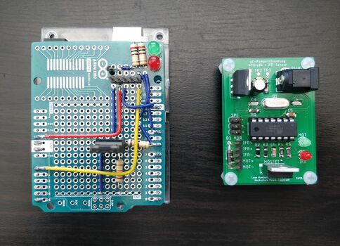 Abb. 3: Vergleich: Prototyp auf Arduino-UNO-Basis (links) und gefertigte Platine.