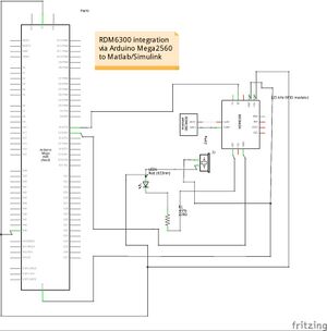 Schaltplan eines RDM6300 an einen Arduino Mega2560 für einen Versuchaufbau