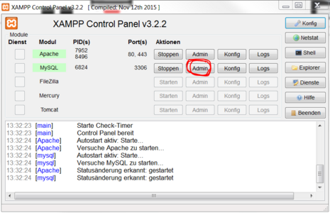 Abb. 18: Öffnen der SQL-Datenbank über das XAMPP Control Panel